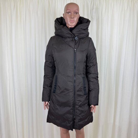 SOIA & KYO Down Fill Winter Bib Puffer Hood Coat Jacket Parka Sz SM Black/Brown - Picture 1 of 16